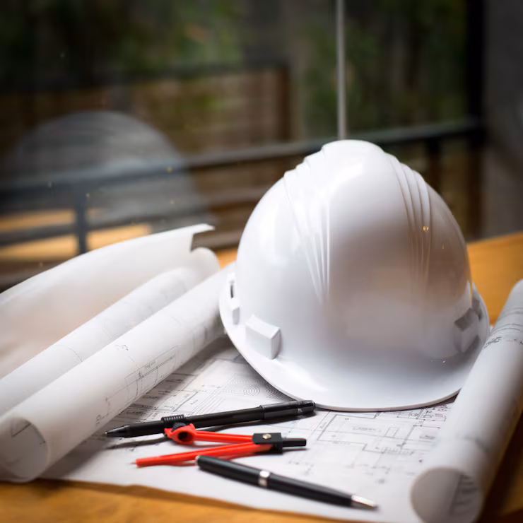 Contractor reviewing building plans on site